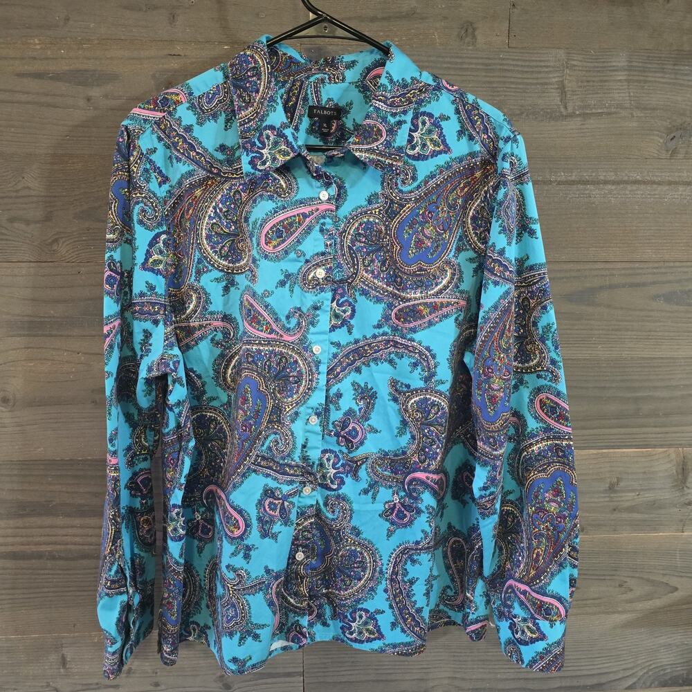 Talbots Shirt Women's XL Turquoise Blue Multi Paisley Button Front Long Sleeve